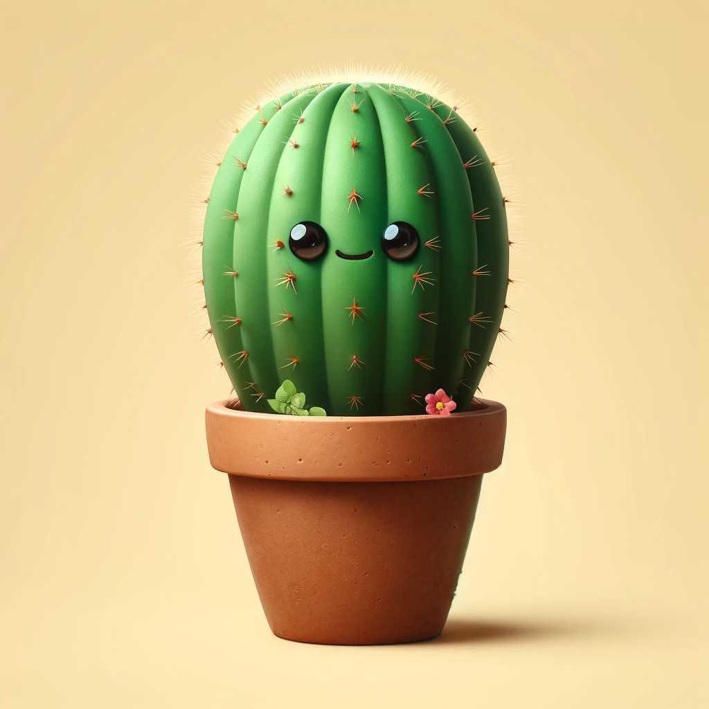 A close-up image of a small, realistically styled cactus character, emphasizing its individual charm. [Image created by ChatGPT / DALL·E on April 17, 2024.]